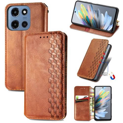 Moto G 2025 Cubic Grid Pressed Magnetic Leather Phone Case - Brown